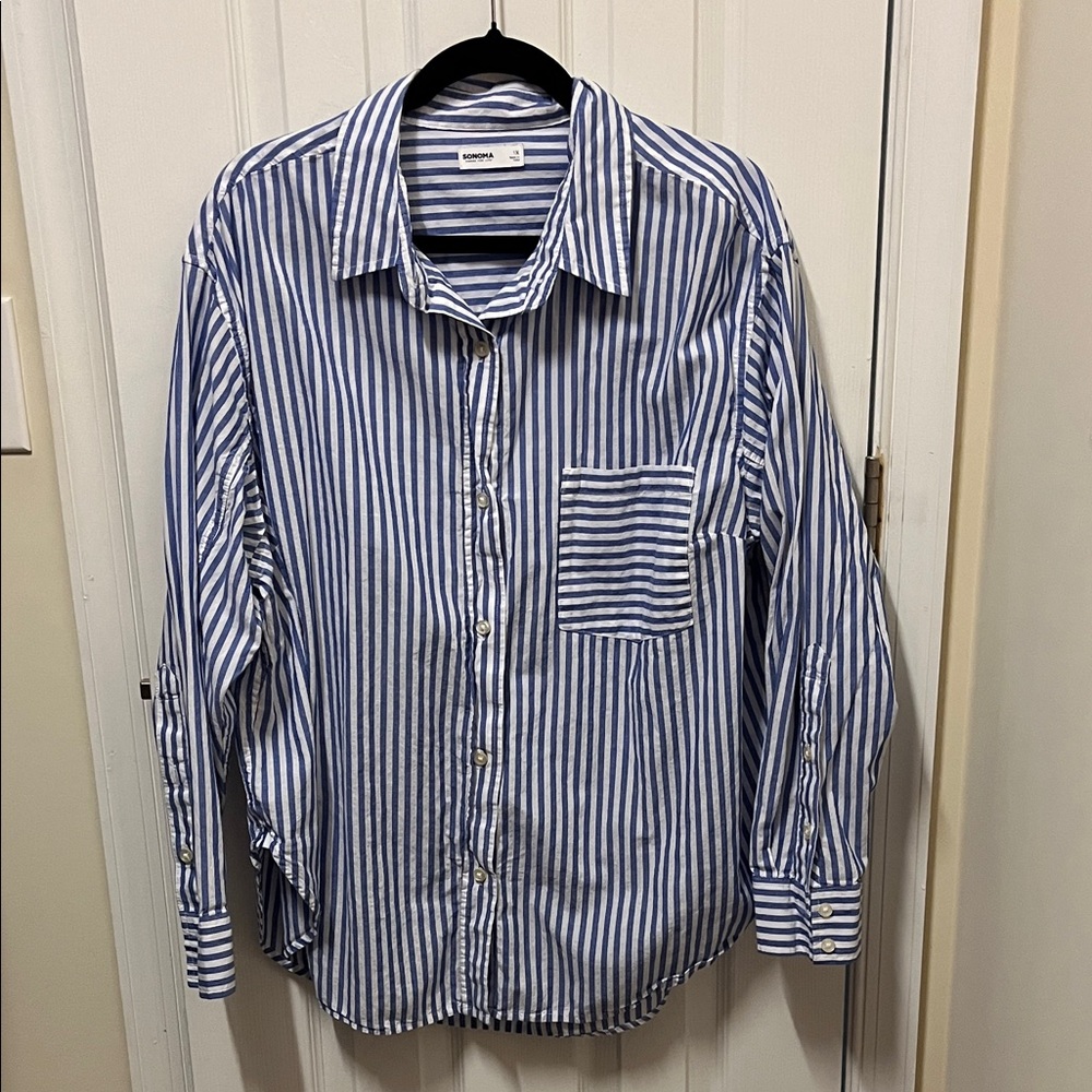 Sonoma Women's Blue and White Striped Button Down Shirt